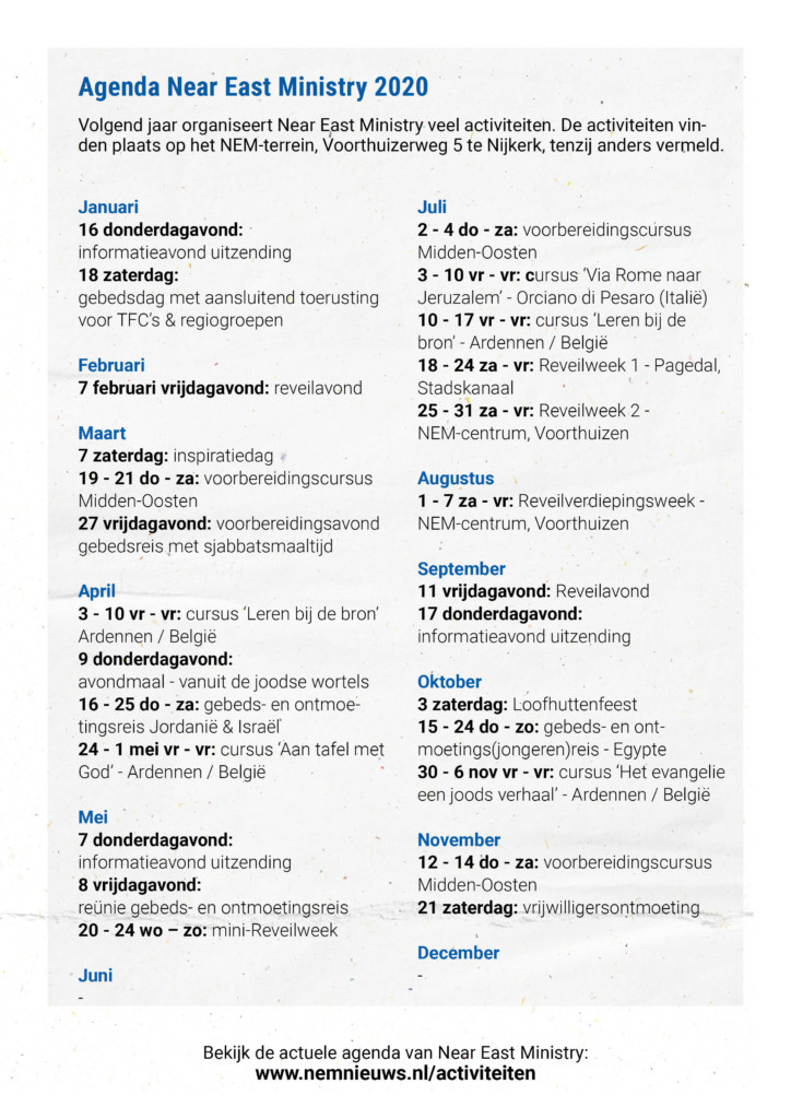 agenda -activiteiten overzicht Near East Ministry 2020